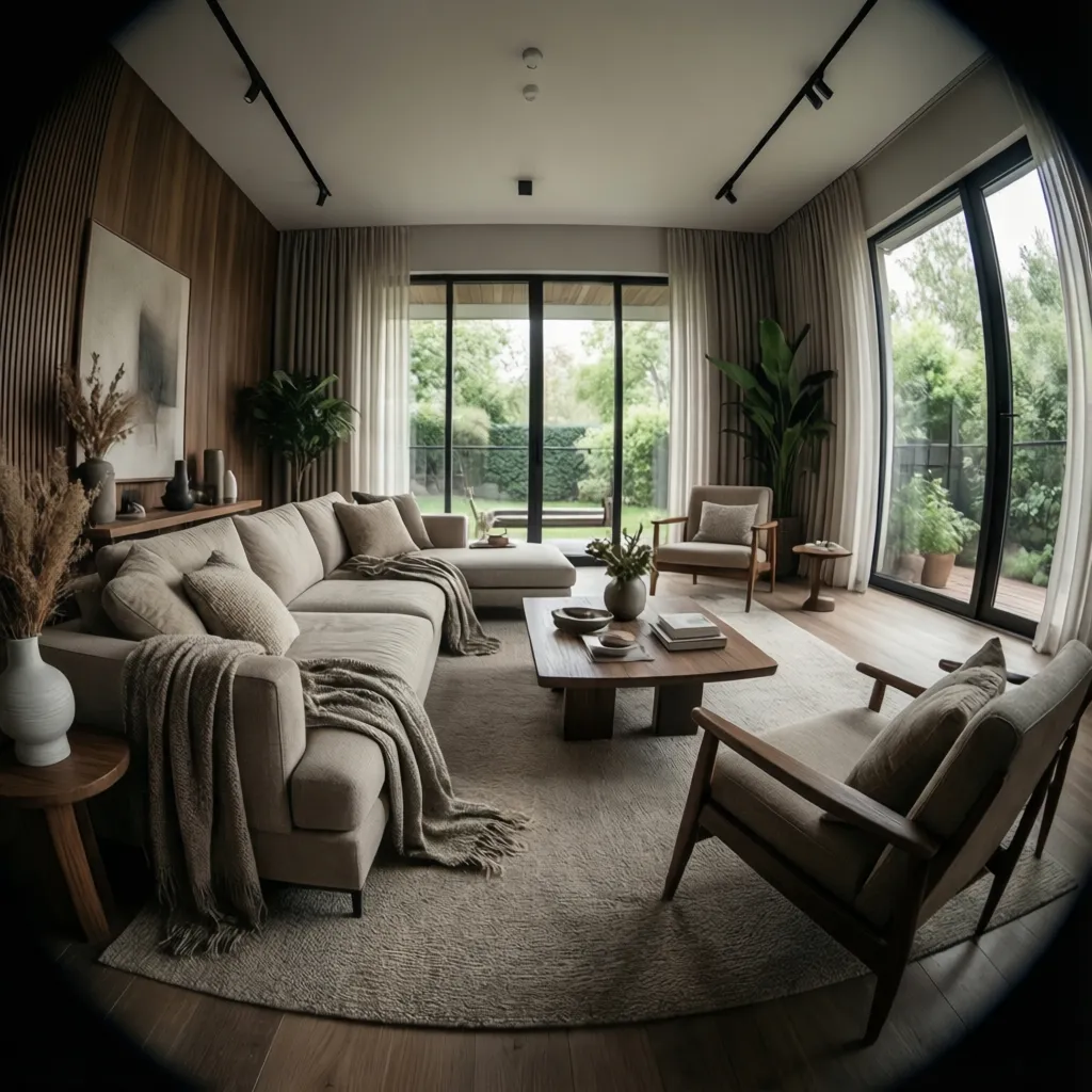 modern living room interior showing neutral color palette with wood materials and natural lighting