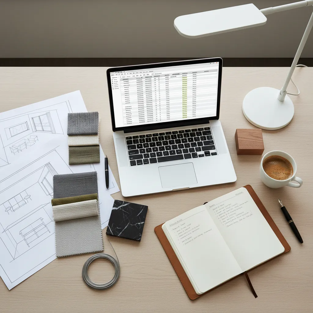 Interior designer planning office budget with laptop sketches and material samples