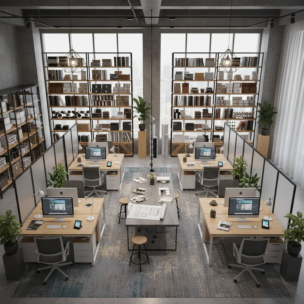 Interior design studio workspace showing desk layout and material sample shelves
