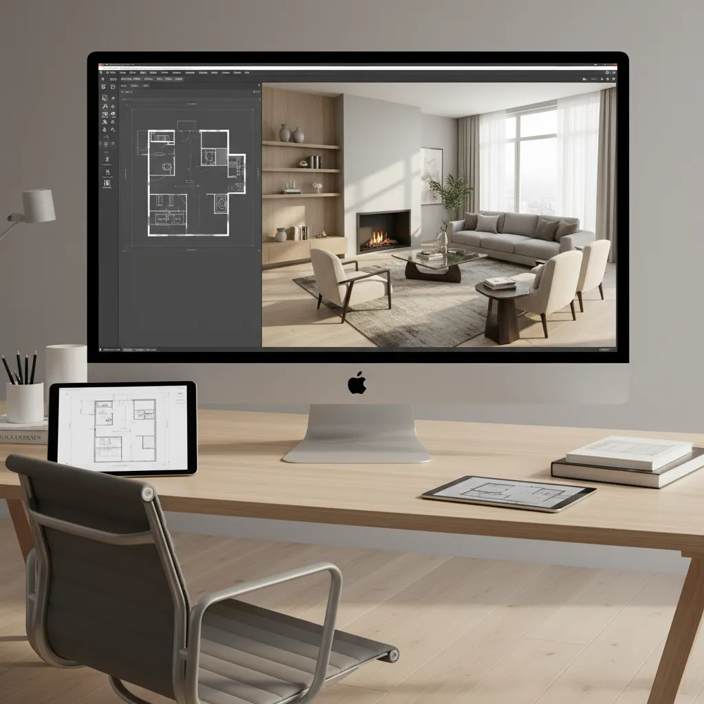 Plano 3D de salón moderno en software de diseño interior