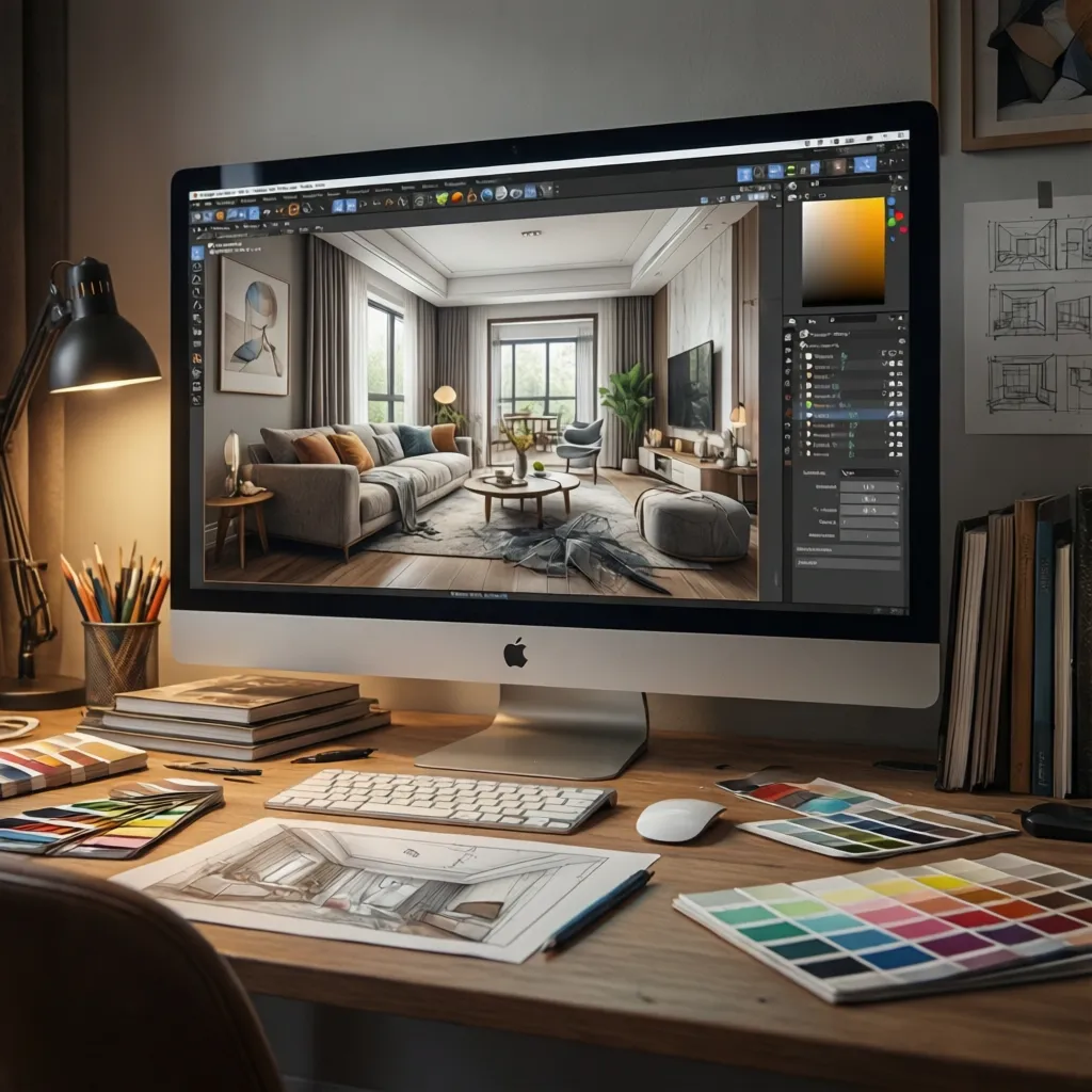 Estudiante diseñando un espacio interior en un ordenador