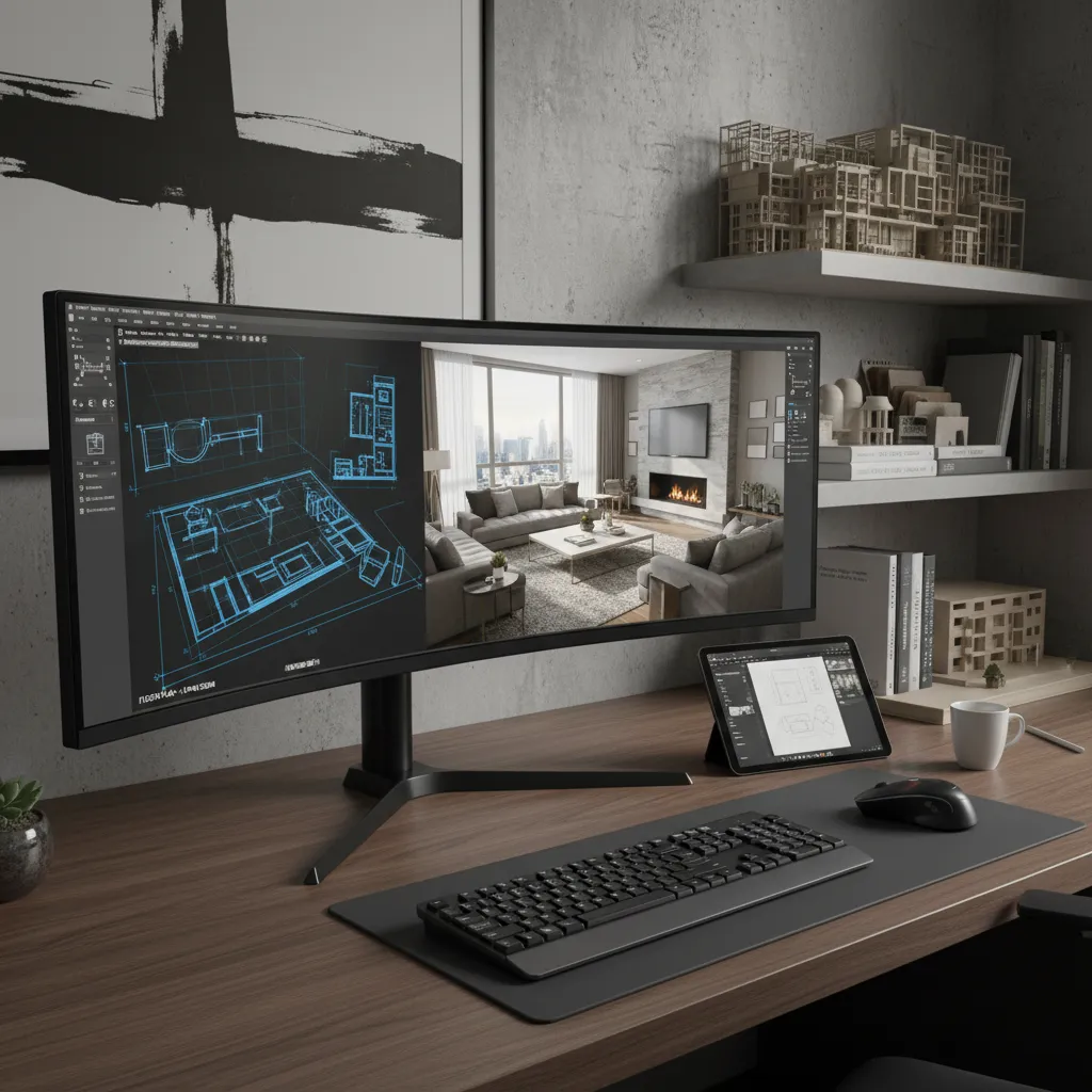 Pantalla mostrando software de planificación de interiores con plano y vista 3D