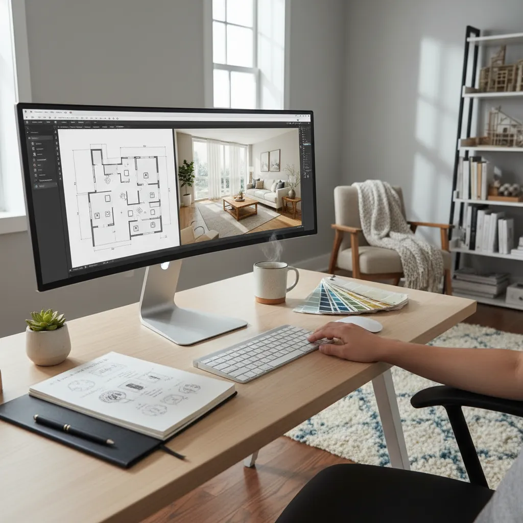 Wide computer monitor displaying a room layout and an interior design drawing on a desk