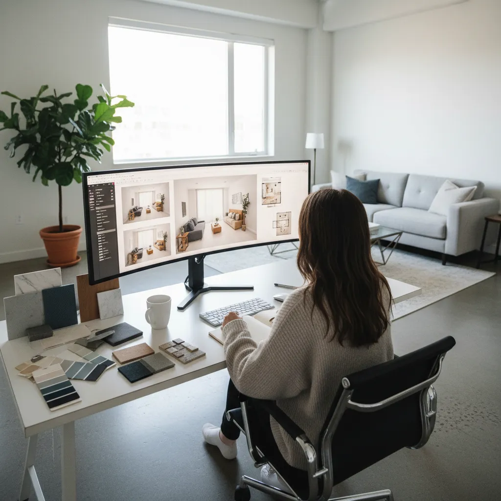Persona estudiando diseño de interiores online con planos y renders en pantalla