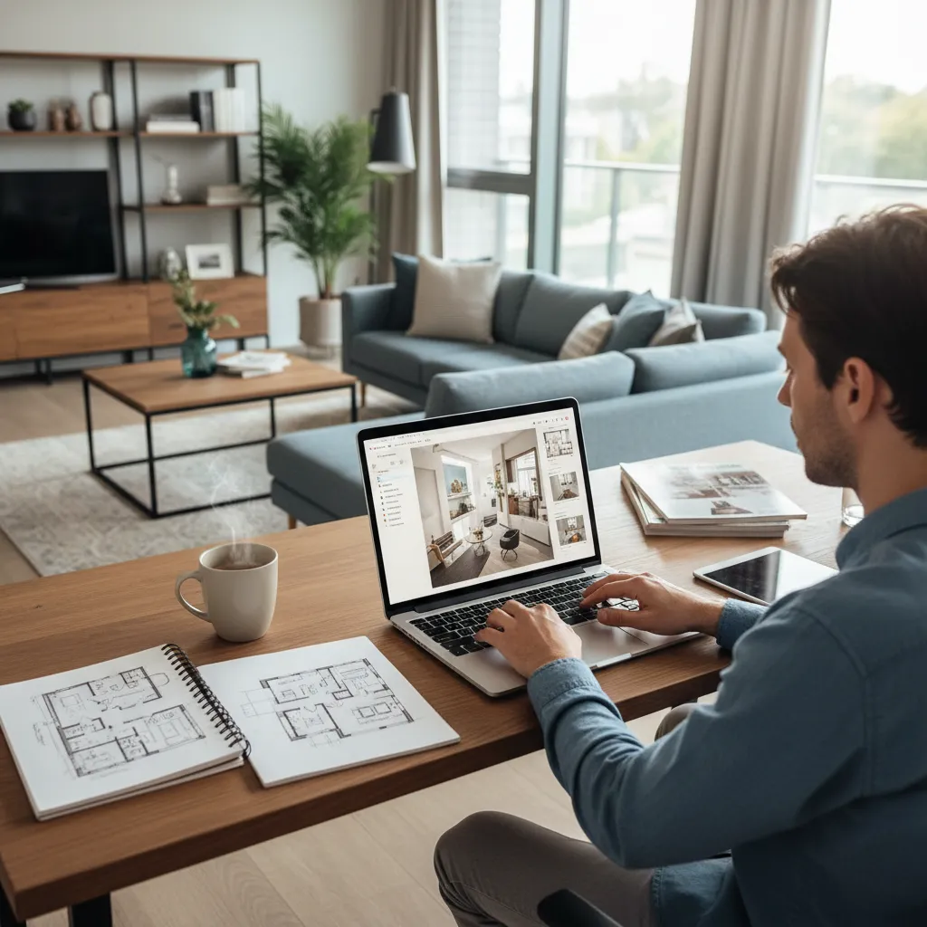 Man working on interior design drawing using laptop with paper floor plans on wooden table