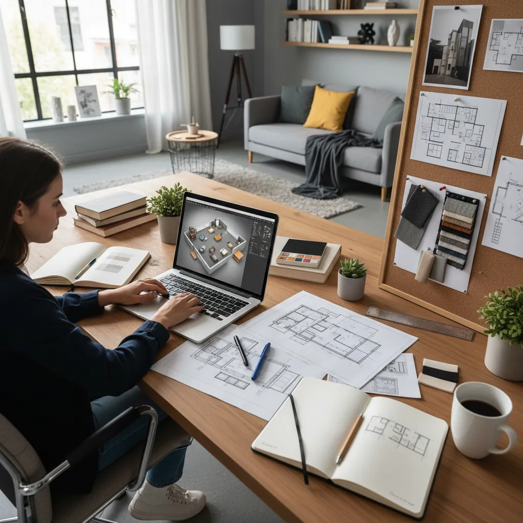 Woman working on laptop showing interior design drawing with floor plans and coffee on desk