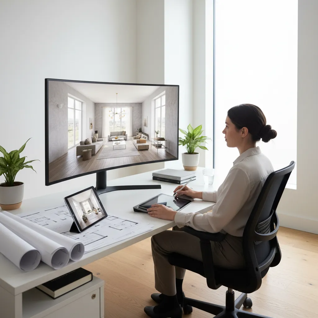 Female interior designer using a computer and tablet to create a modern interior design drawing