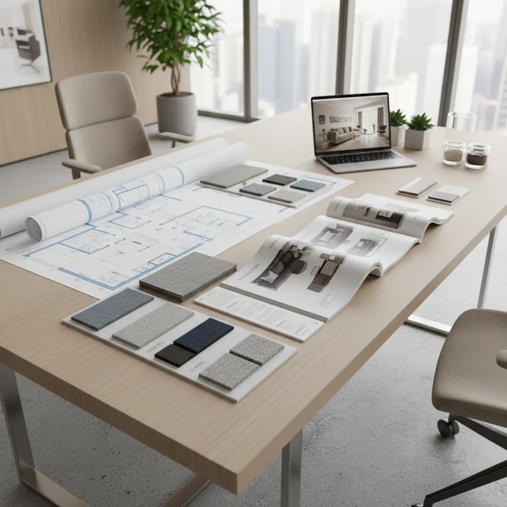 designer presenting organized interior design package with samples layouts and furniture selections