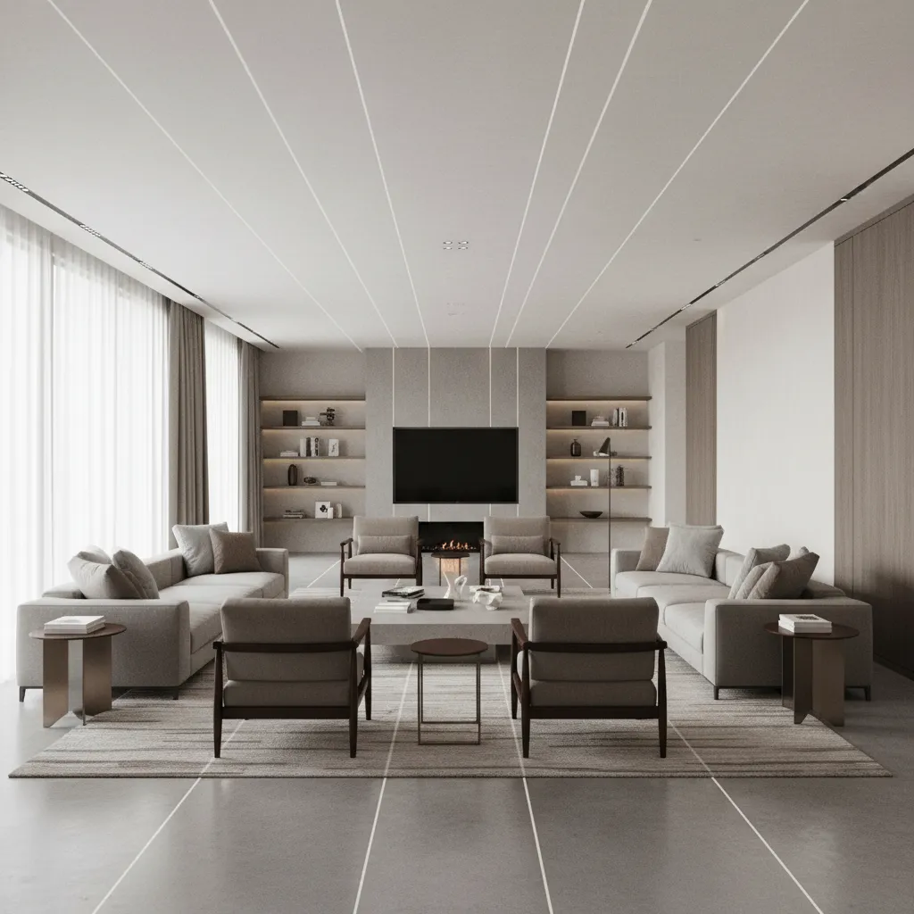 Large living room interior design drawing with grey sofas bookshelves and white perspective guide lines
