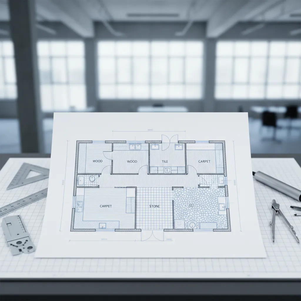 Plano de interiorismo con materiales identificados mediante hatch