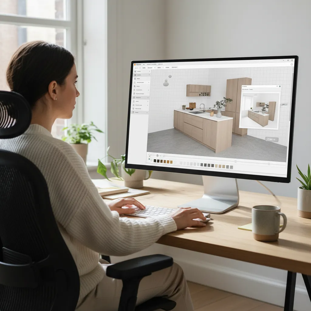 vista de una pantalla mostrando un software de planificación de cocina con muebles modulares