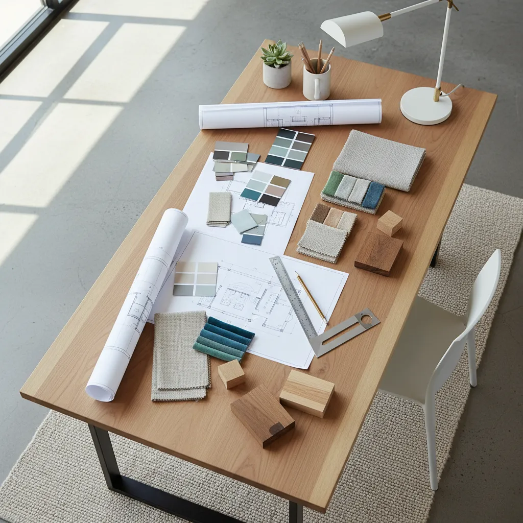 Plano de diseño interior con muestras de materiales y paleta de colores