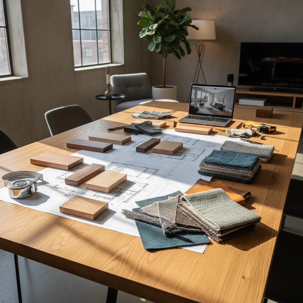 Wooden table with room layout drawing, wood samples, fabric swatches, laptop, and metal tape measure