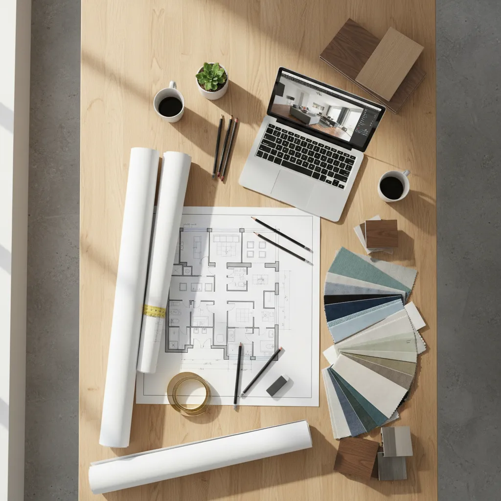 Mesa con planos de diseño interior y herramientas de dibujo