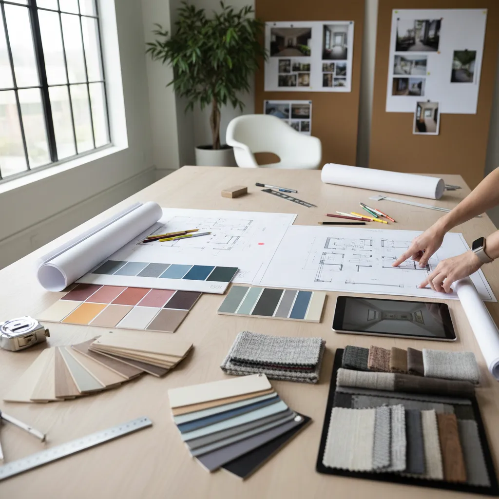 Mesa de trabajo con planos de interiorismo y muestras de materiales