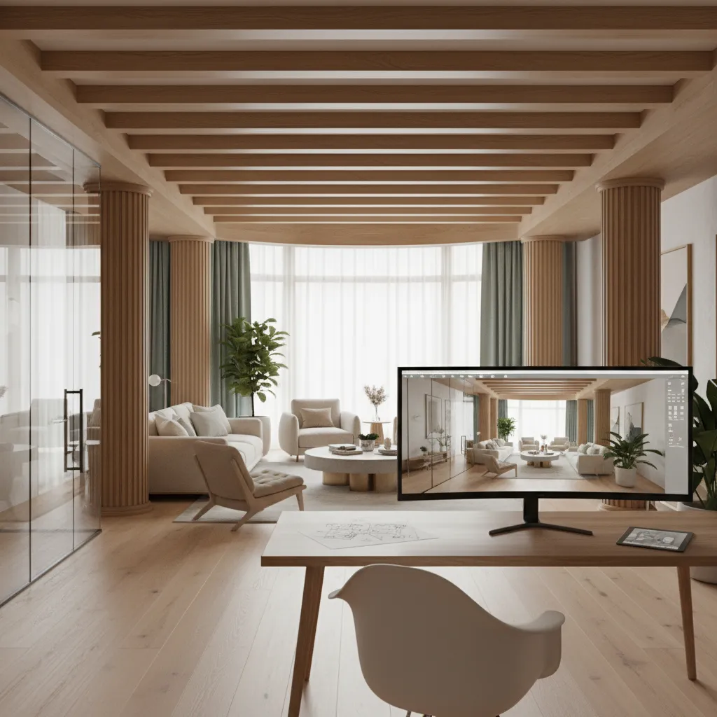 Coohom interior design software on computer monitor displaying a living room with wood beams and columns