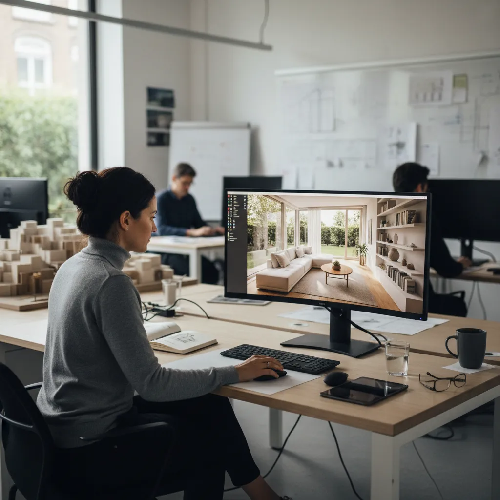 modern small home interior visualization planning on computer screen