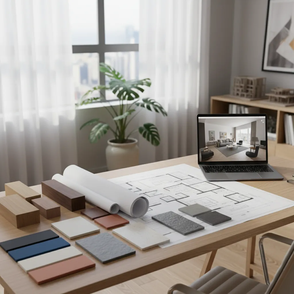 Wooden desk featuring a floor plan paper material samples and laptop showing interior design drawing
