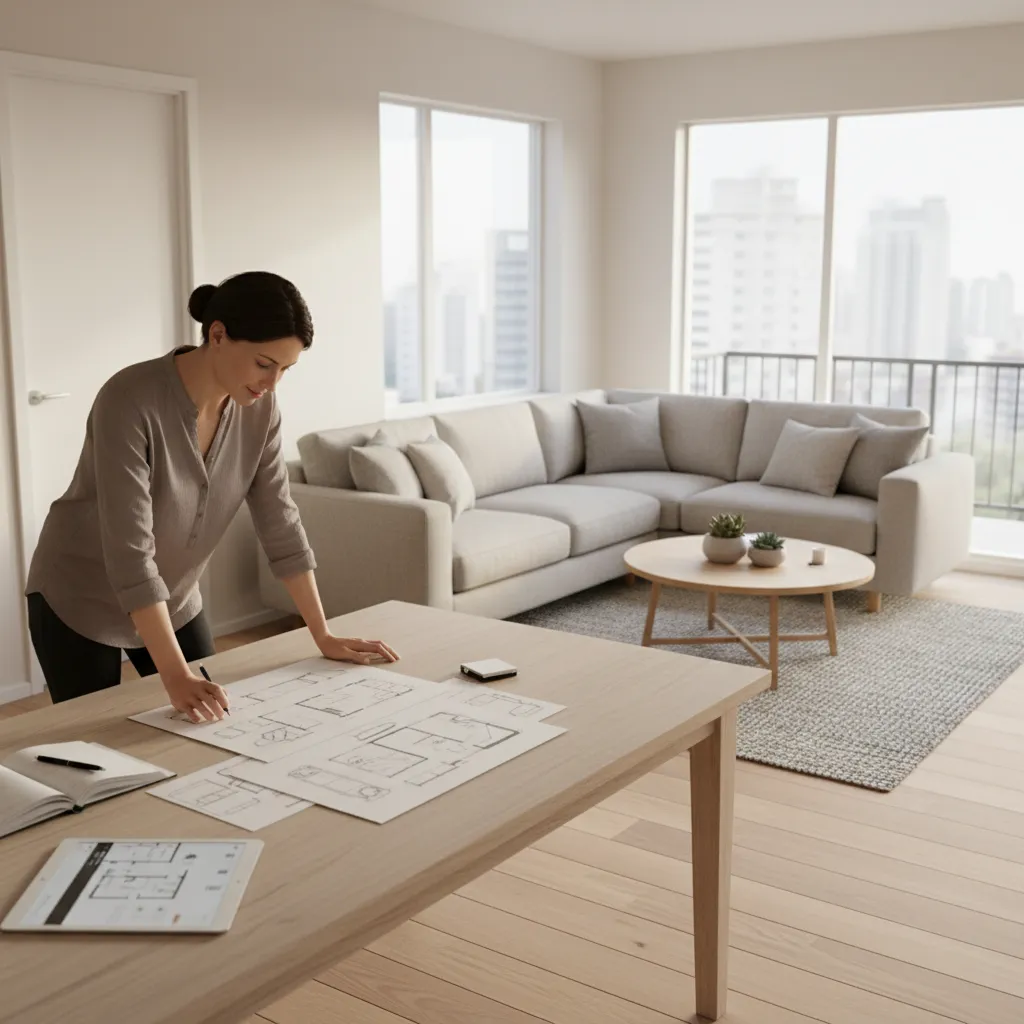 homeowner reviewing furniture layout plans in modern living room planning interior decorating budget