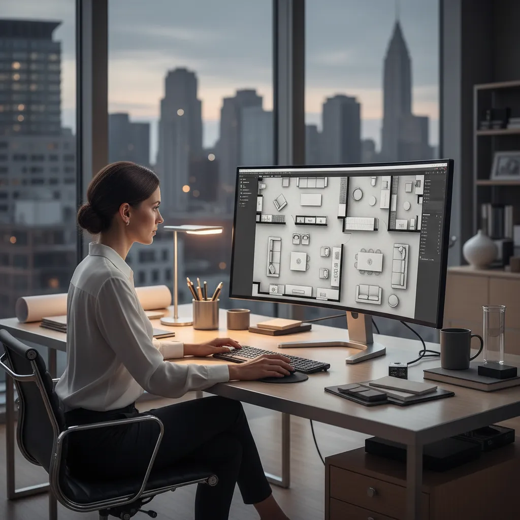 diseñador de interiores planificando distribución de muebles en plano digital