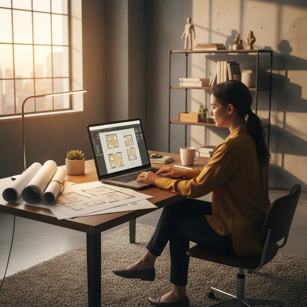 Diseñador revisando distribución de interiores en plano digital