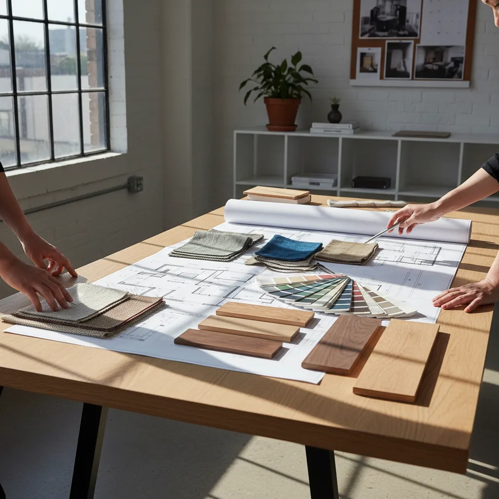 Mesa de trabajo con planos de interiorismo, muestras de materiales y herramientas de diseño