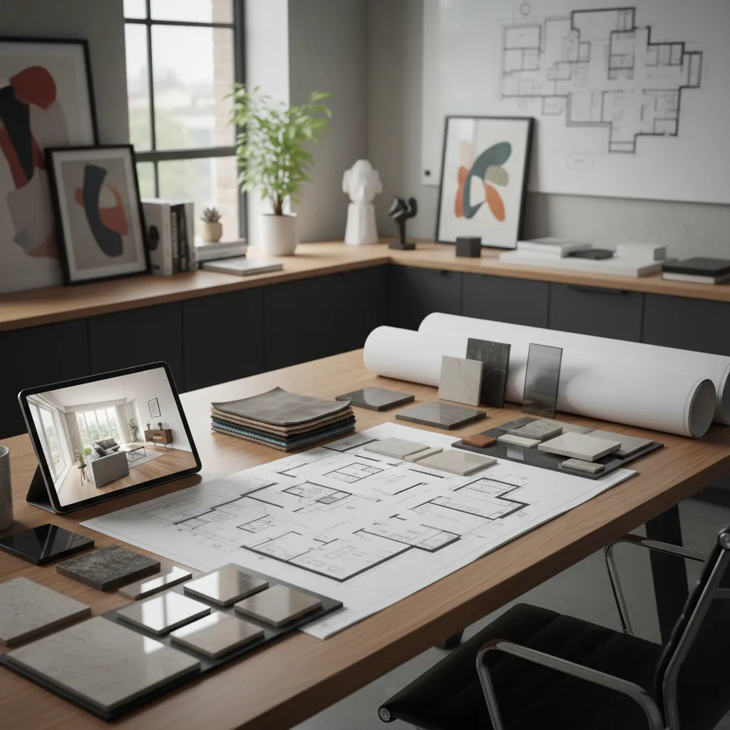 Proceso de planificación de diseño de interiores con planos y tablet