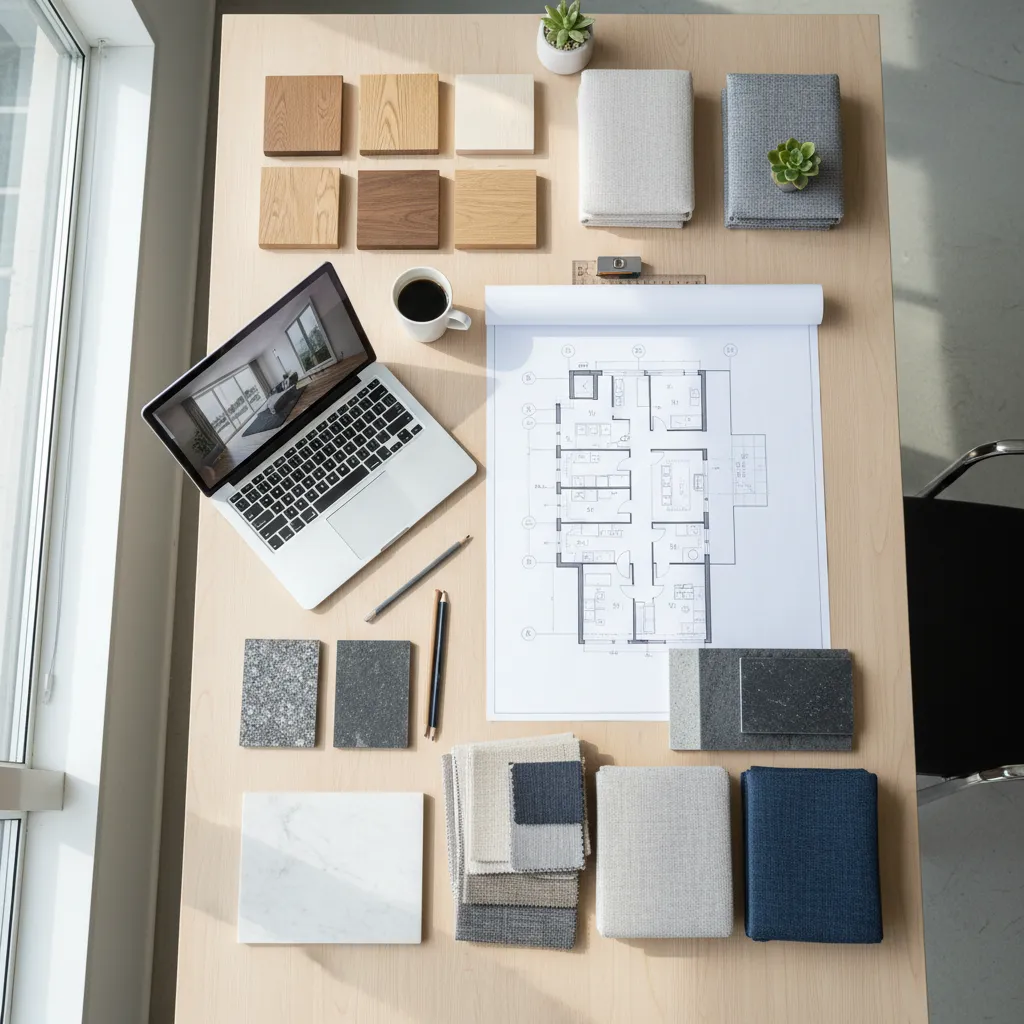 Interior design planning desk with laptop, floor plan drawing, material samples, coffee cup, and pencils