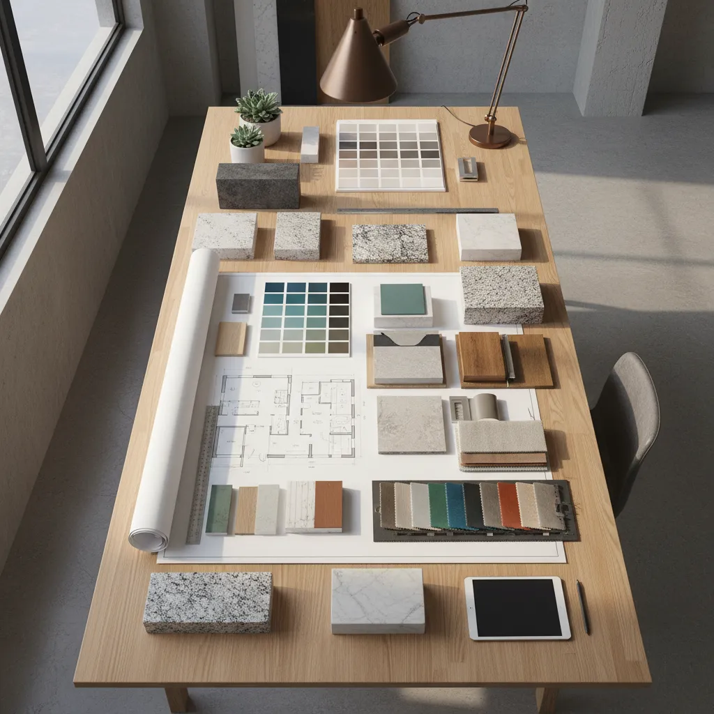 Wooden table holding floor plan paper color swatches stone samples fabric pieces desk lamp tablet