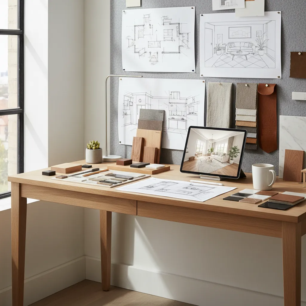 Interior design workspace showing wooden desk with tablet floor plan sketches and various material samples