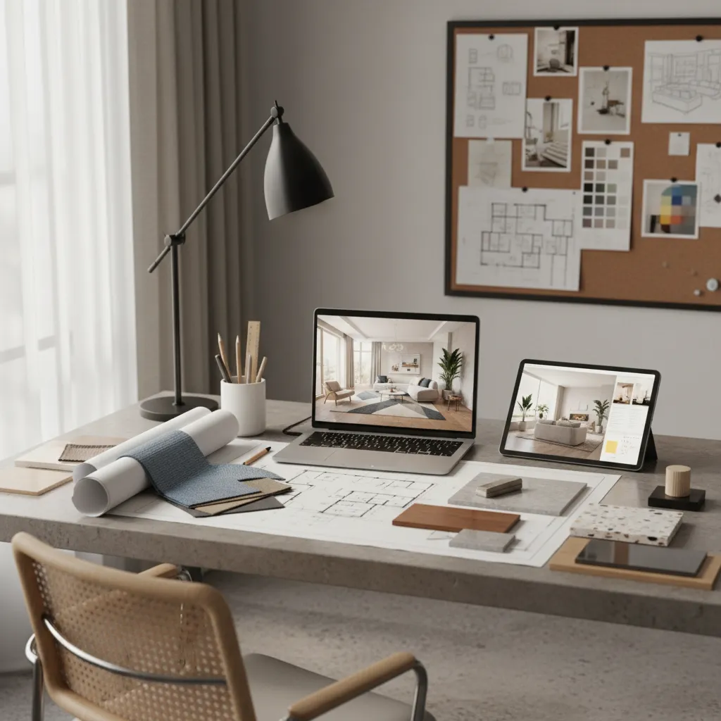 Diseñador revisando planos y materiales para un proyecto de interiorismo