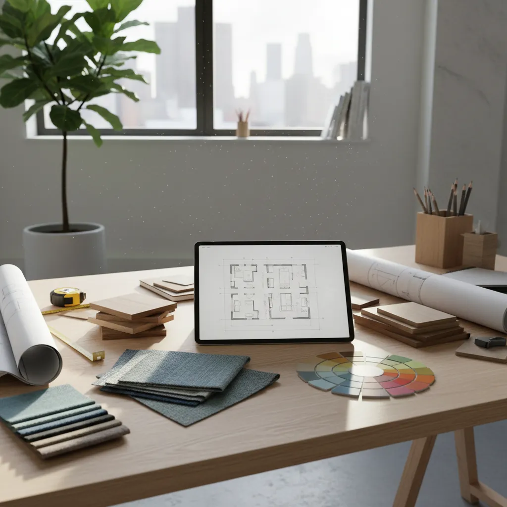 Proceso de planificación de interiores con plano digital y muestras de materiales