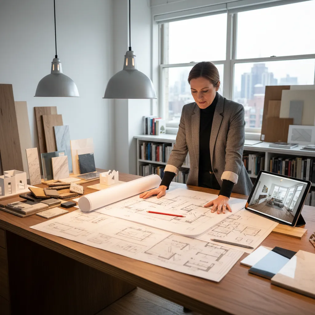 Diseñador revisando planos y distribución de espacios en una mesa de trabajo