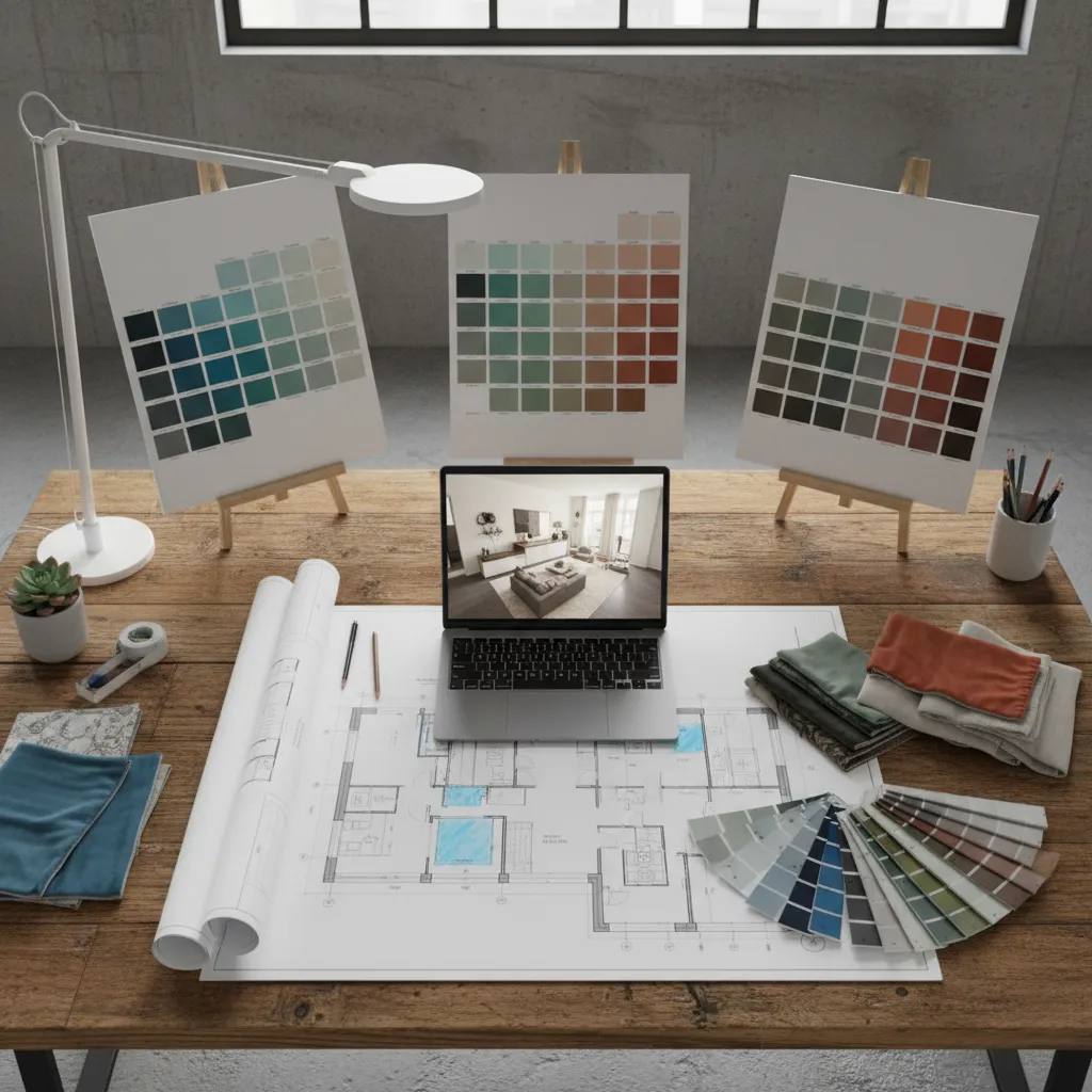 Interior design workspace with laptop floor plan drawing color palette boards fabric samples and lamp
