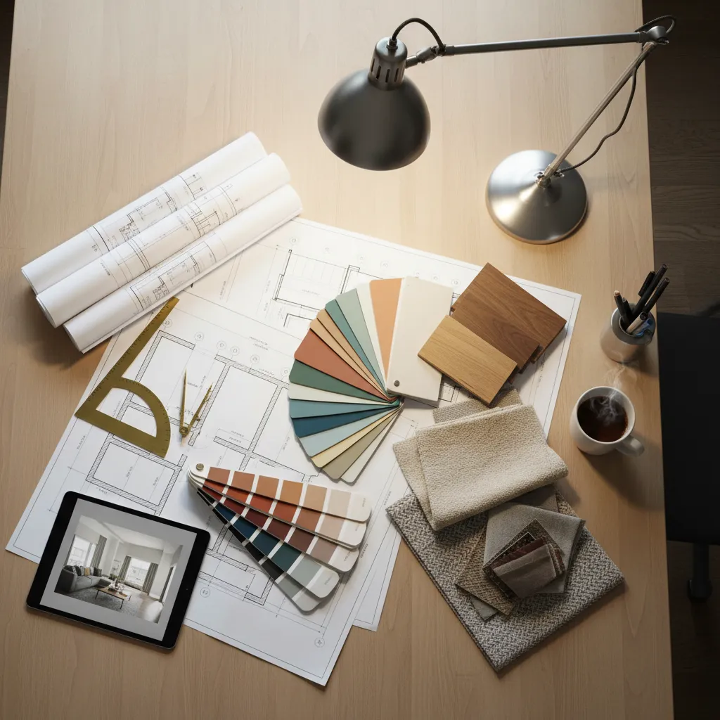 Planos de diseño de interiores con muestras de materiales sobre una mesa de trabajo