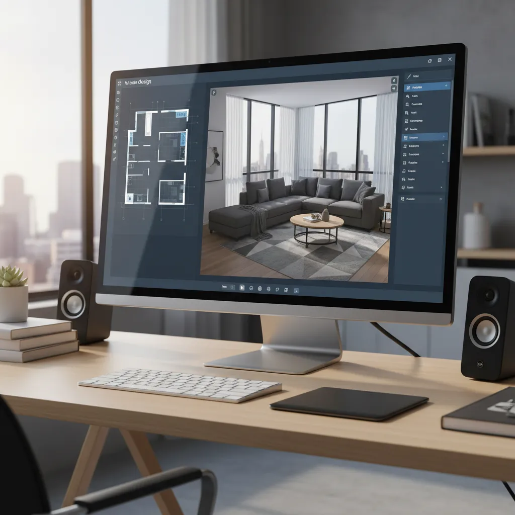 Interfaz de una plataforma de diseño de interiores con plano 2D y vista 3D
