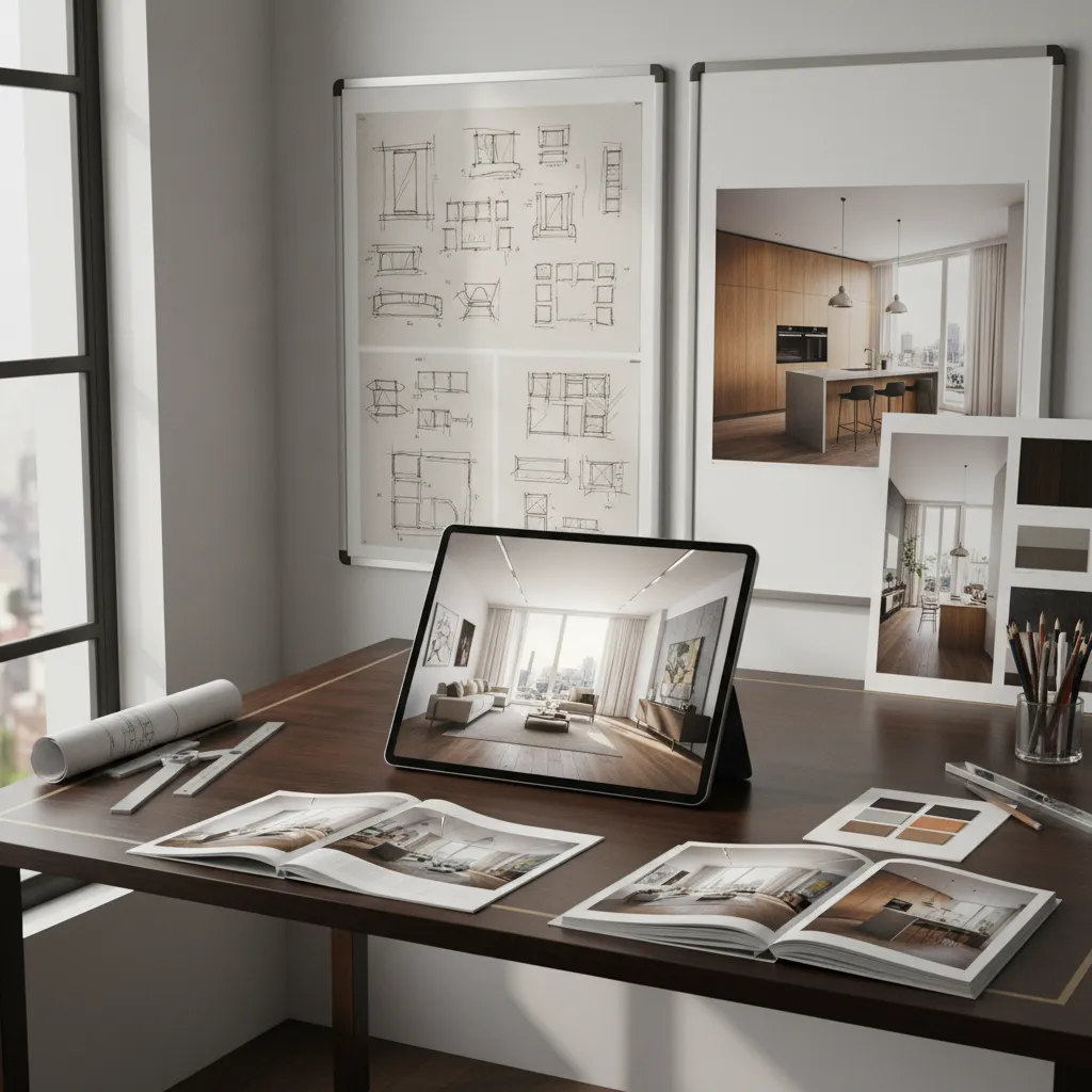Portafolio de proyectos de diseño de interiores mostrado en tablet y planos