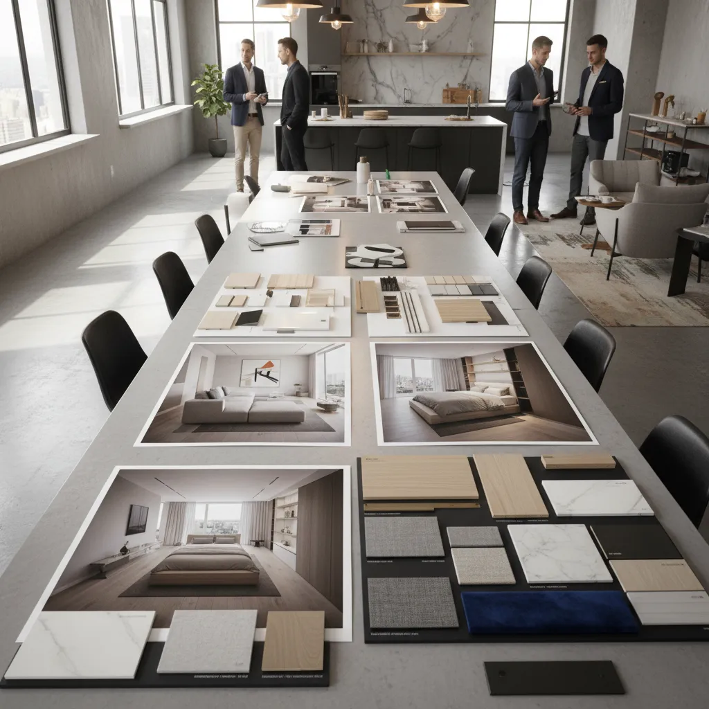 Long table with interior design drawings and material samples with men in a modern showroom