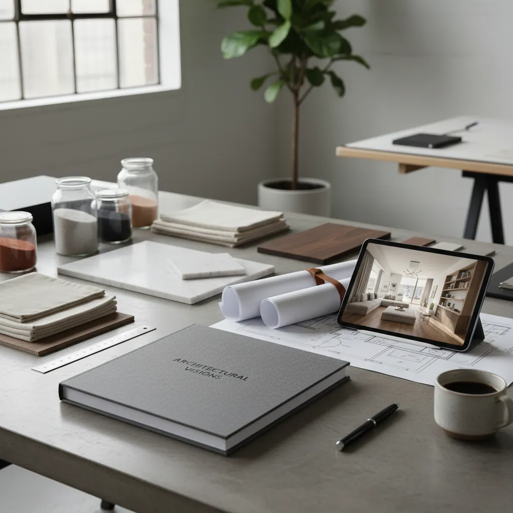 Interior design book on a desk with tablet showing living room and floor plan drawings
