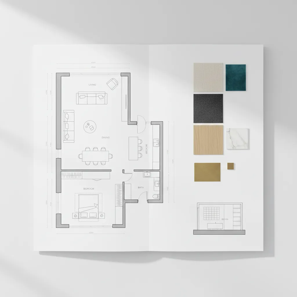 Interior design portfolio page with floor plan and space planning diagrams