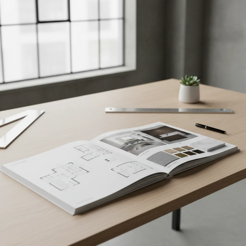 Ejemplo de páginas de un portafolio de diseño interior con planos y renders