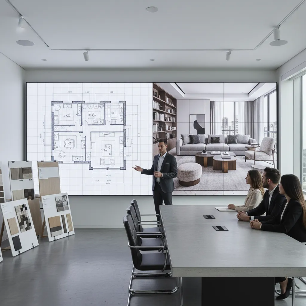 Interior design portfolio presentation showing layout plans and realistic room render