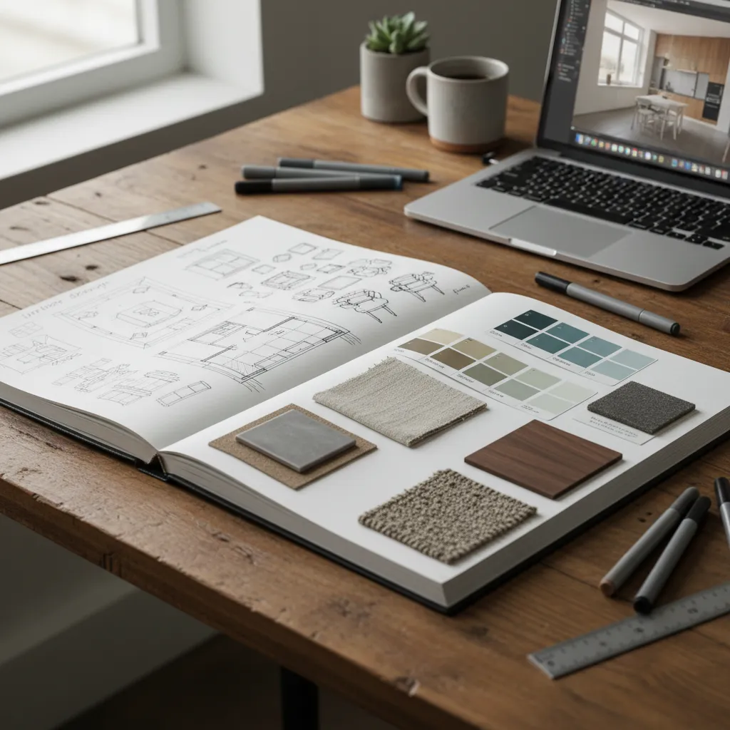 Portafolio de diseño interior con bocetos y renders sobre una mesa