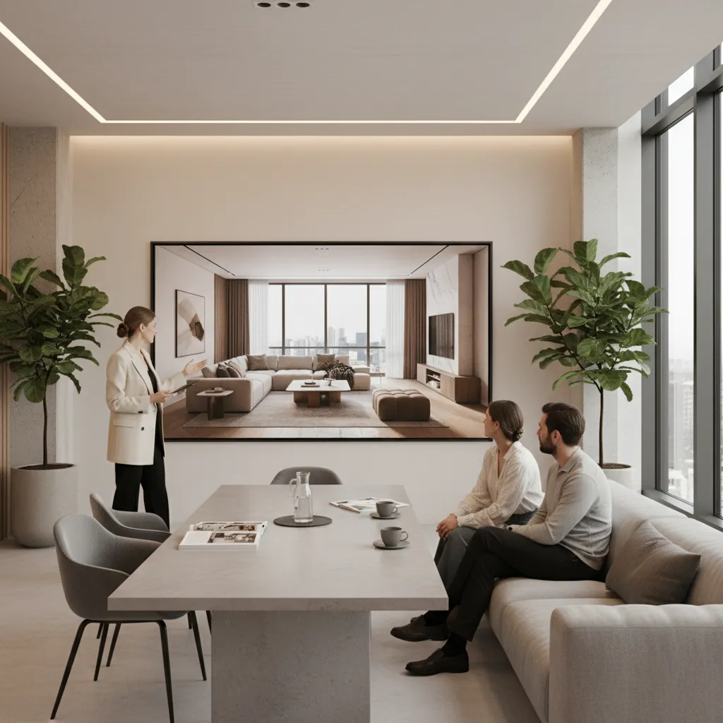 Interior designer presenting visual project portfolio on large screen in studio