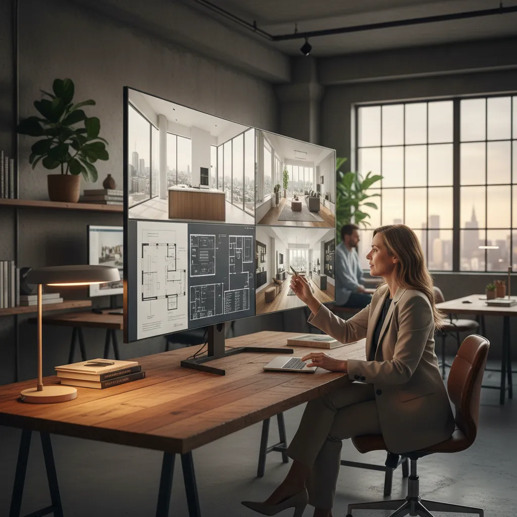 Diseñador revisando portfolio digital de interiorismo en pantalla grande