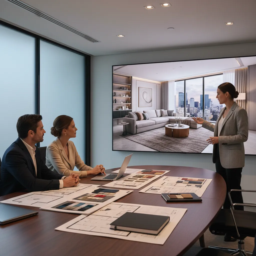 Interior designer presenting realistic 3D living room renderings to clients on a large screen
