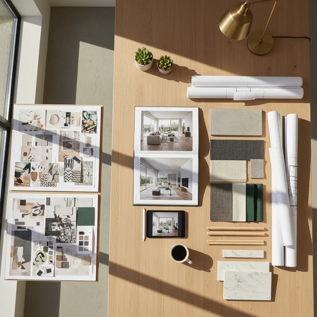 Top view of wooden desk with mood boards fabric samples floor plan scrolls tablet and coffee