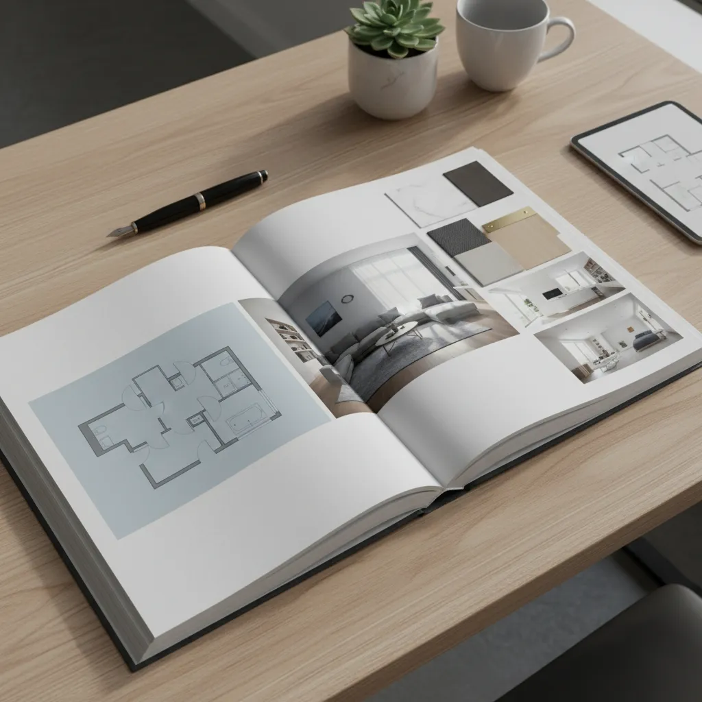 Interior design portfolio pages showing floor plans and renderings