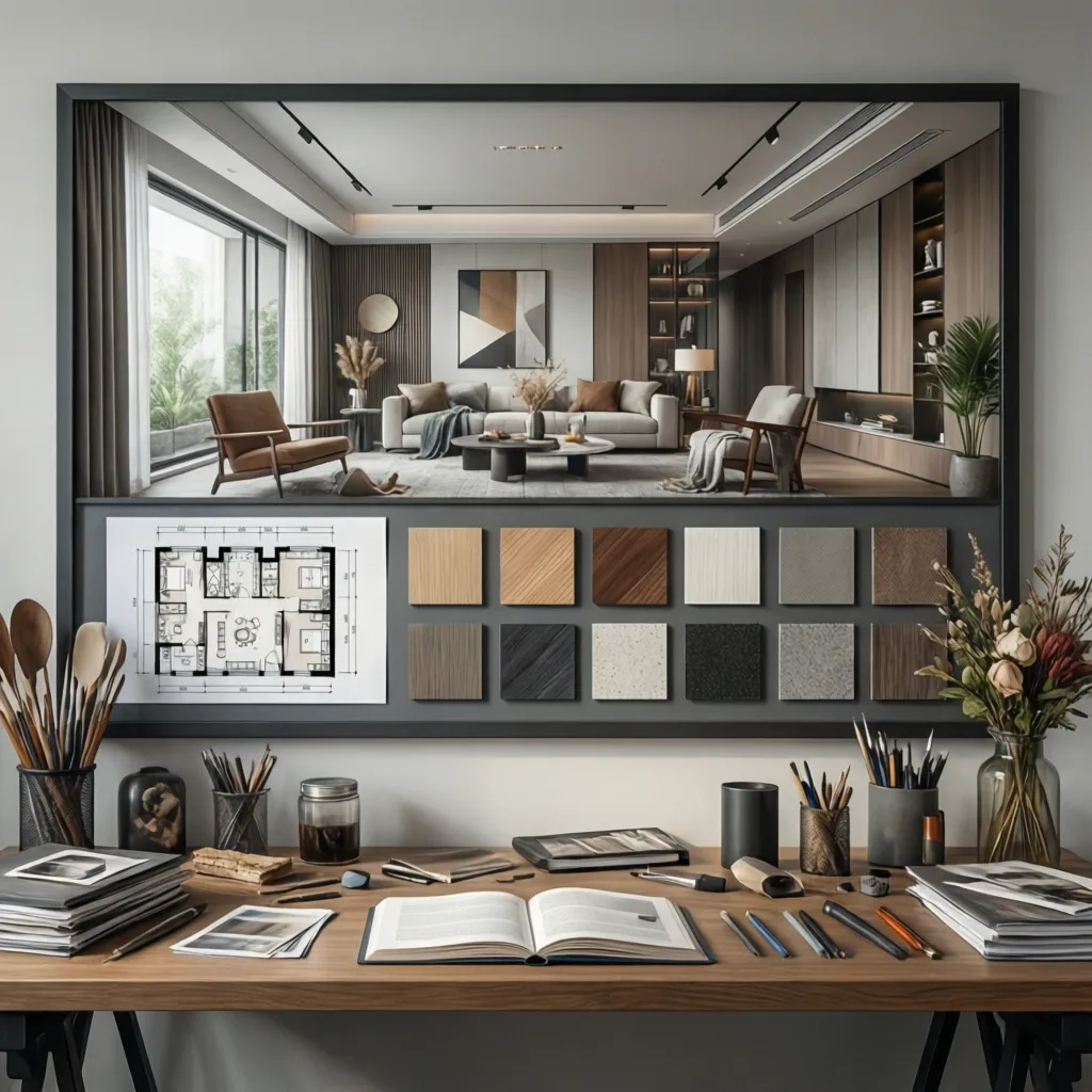 Interior design portfolio board with renderings floor plans and material palette