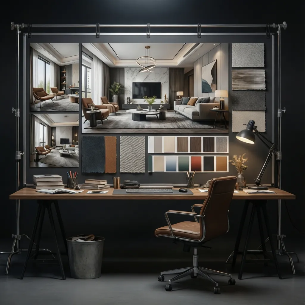Interior design portfolio showing 3D renders and material boards